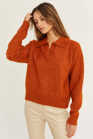 model wearing a rust polo sweater