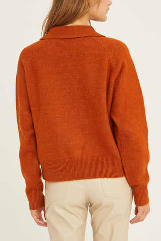 model wearing a rust soft-brushed polo