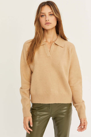 model wearing a tan polo raglan sweater