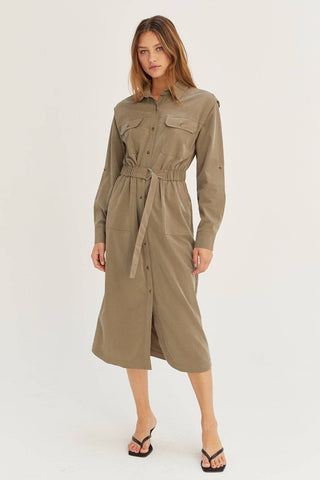 model wearing tan utility dress