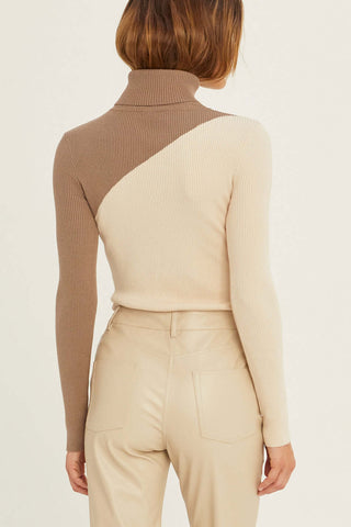 model wearing a two-tone turtleneck sweate