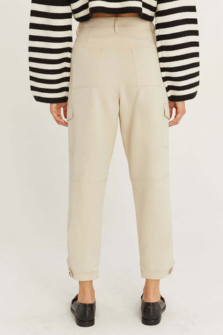 model wearing utility cargo pants back pockets